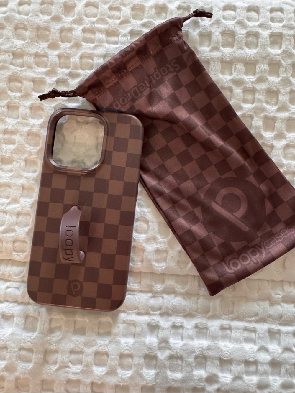 Loopy Case iPhone 15 pro 6.1” Brown Checkered Phone Case with Matching Pouch